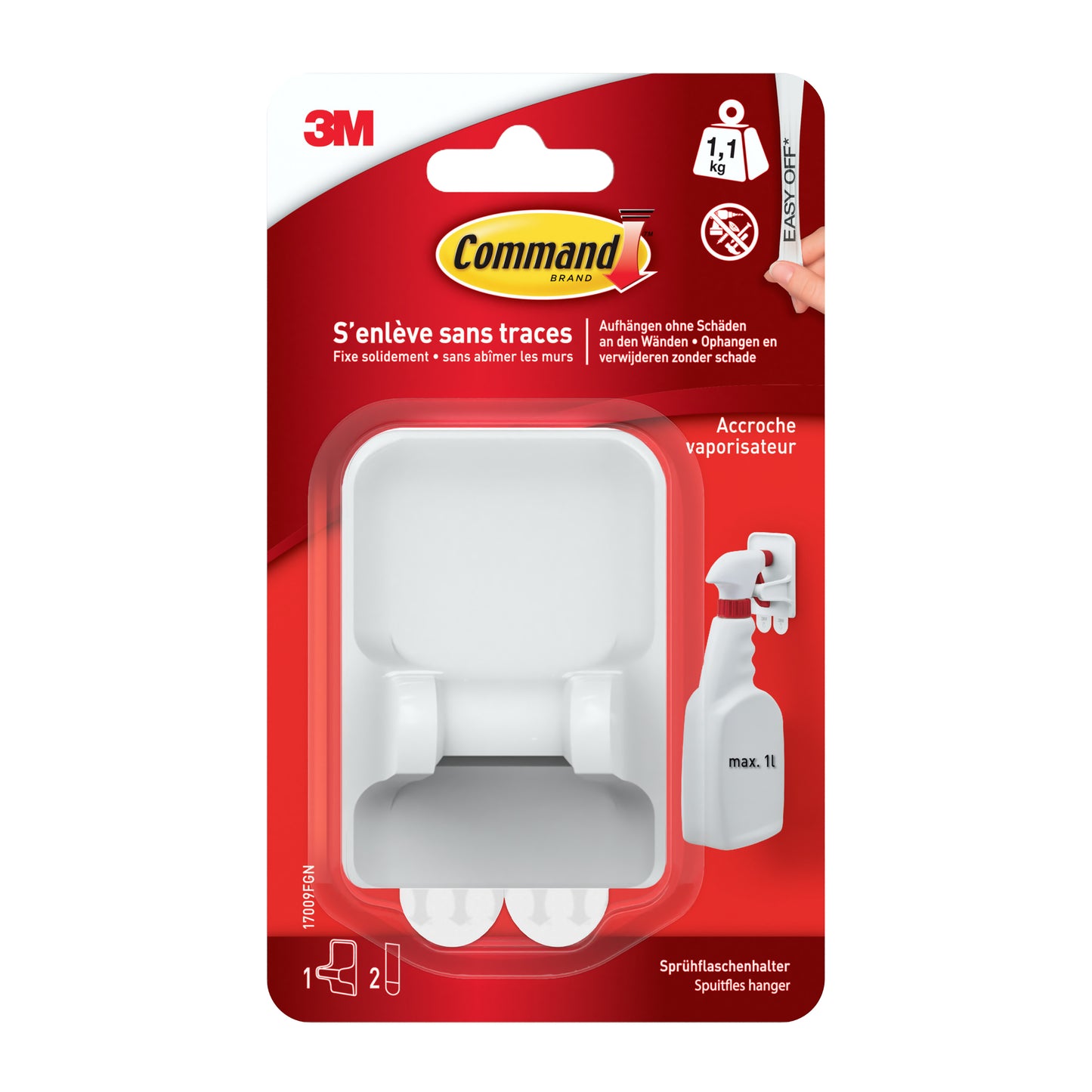 Der Command™ Sprühflaschenaufhänger 17009 von 3M Deutschland GmbH zeigt sich in einer rot-weißen Verpackung mit französischem Text, einer Sprühflaschenabbildung und wirbt für diesen platzsparenden Aufhänger mit Klebestreifen.