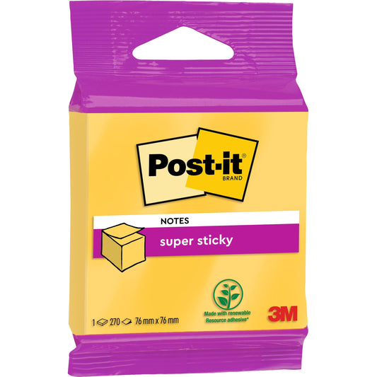 Eine Packung Post-it® Super Sticky Notes Würfel von 3M Deutschland GmbH, 76 mm x 76 mm, gekennzeichnet mit 100% PEFC, enthält 270 Zettel und ist gelb und lila mit dem Logo eines nachwachsenden Rohstoffs bedruckt.