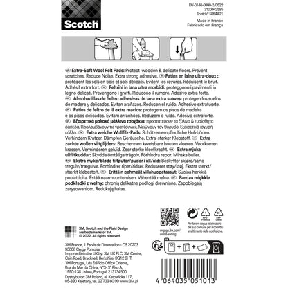 Ein Etikett für Scotch® Extra weiche Filzpads, selbsthaftend, beige von 3M Deutschland GmbH mit mehrsprachigem Text, Icons mit Verwendungshinweisen und Funktionen sowie einem Barcode und Firmenkontaktinformationen am unteren Rand.