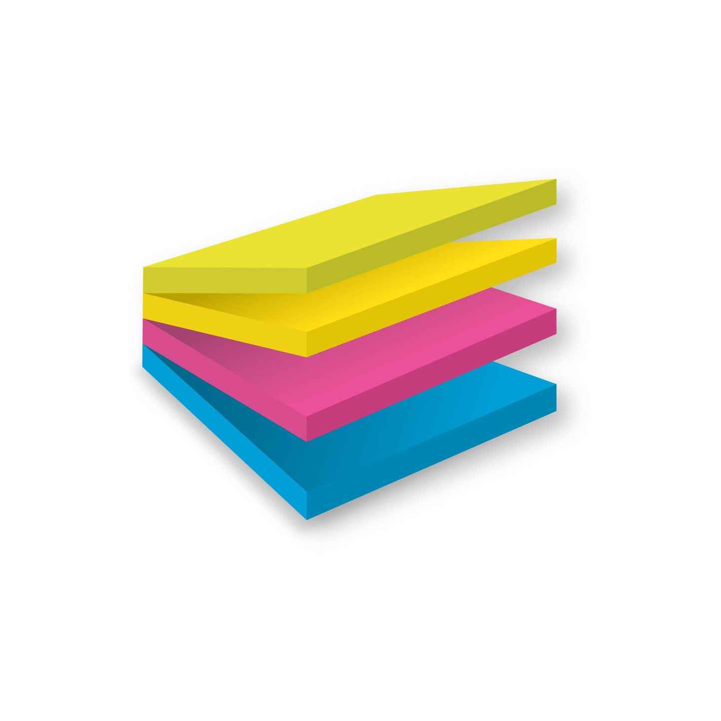 Ein Stapel von vier 3M Post-it® Super Sticky Easy Select Würfeln (76x76mm, 75 Blatt/Block) in verschiedenen Farben, leicht aufgefächert auf einem weißen Hintergrund. PEFC-zertifiziert. 4 Blöcke pro Packung von 3M Deutschland GmbH.