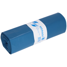 Eine blaue Rolle EMIL DEISS KG (GmbH + Co.) Müllsäcke (DEISS 10023, 700+200x1100x0,06 mm) mit einem weiß-blauen Etikett mit Text und Barcode, enthält 20 Stück pro Rolle.