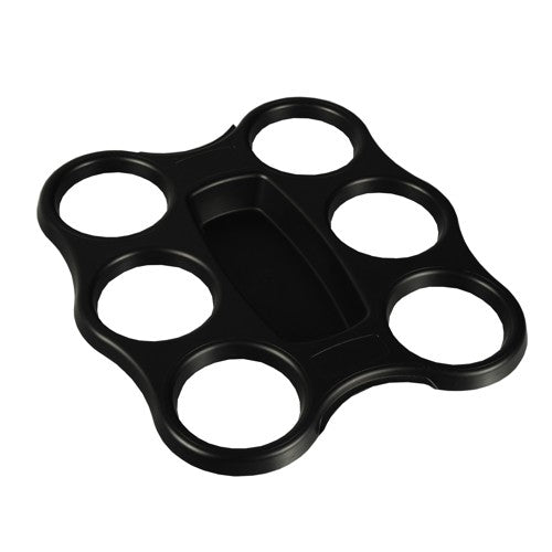 The Starpak cup tray (black, PS, 22.4 x 24.4 x 2.4 cm) holds 6 cups in circular slots around a central rectangular compartment; the package contains 3 trays wrapped in shrink film.