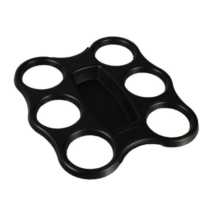 The Starpak cup tray (black, PS, 22.4 x 24.4 x 2.4 cm) holds 6 cups in circular slots around a central rectangular compartment; the package contains 3 trays wrapped in shrink film.