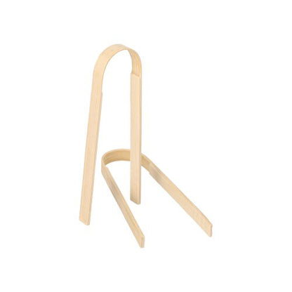 A pair of PAPSTAR bamboo finger food tongs, 10 cm (50 pieces) from PAPSTAR GmbH with a simple U-design stands upright against a white background.
