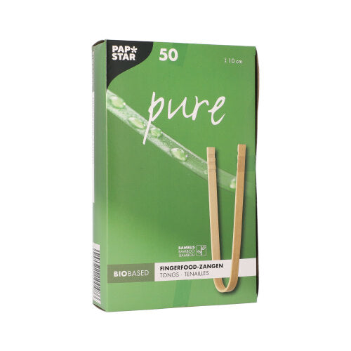 A green box from PAPSTAR GmbH with the inscription "PAPSTAR bamboo finger food tongs, 10 cm | cardboard tray (50 pieces)" contains 50 eco-friendly bamboo tongs, each 10 cm long. The front shows two tongs and a bamboo stem.