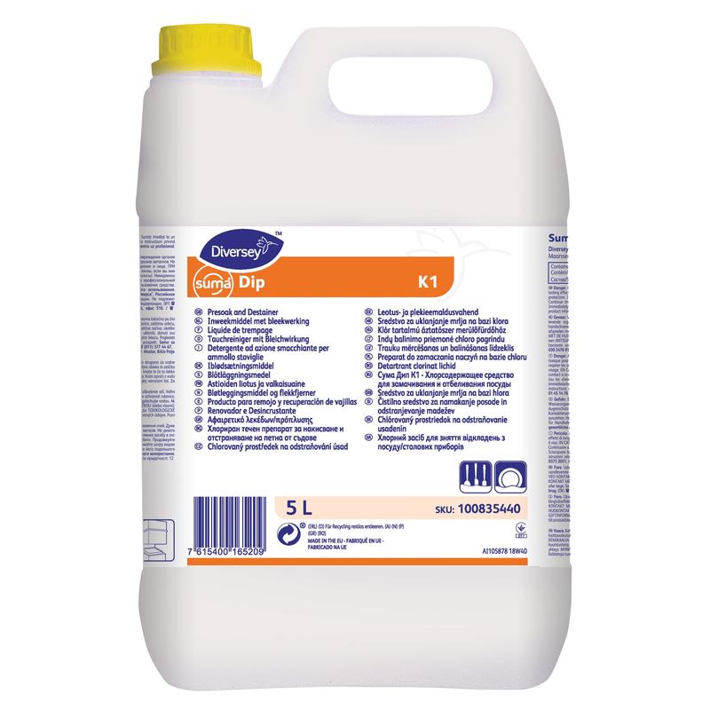 A white 5-liter plastic container of Diversey Deutschland Suma Dip K1—a liquid, chlorine-based immersion cleaner for professional dishware—features a yellow cap and multilingual product information, usage instructions, and safety precautions on the label.