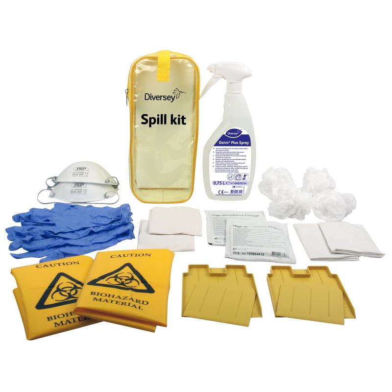 The Diversey Oxivir Plus Spray Spill Kit from Diversey Deutschland GmbH & Co. OHG, consisting of 1 Oxivir Plus Spray and 2 Spill Kits in a labeled yellow storage bag, is pictured against a white background.