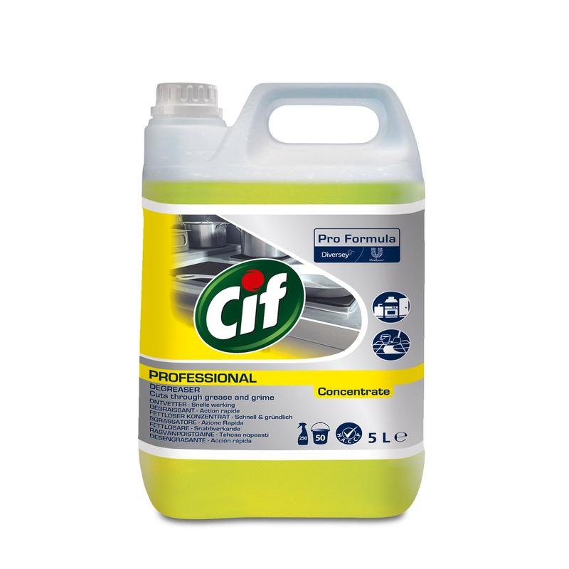 A 5-liter Cif Professional Degreaser from Diversey Deutschland GmbH & Co. OHG, strong kitchen degreaser, perfume-free, with a white handle and lid as well as a yellow label-ideal for cleaning kitchen surfaces.