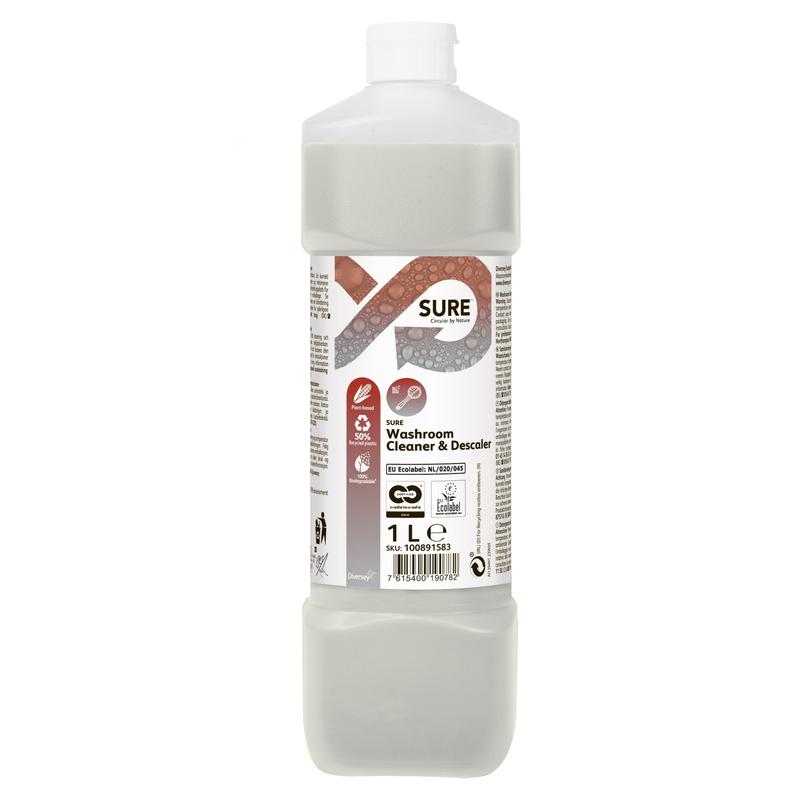 A 1-liter plastic bottle of SURE Washroom Cleaner & Descaler sanitary cleaner and descaler from Diversey Deutschland GmbH & Co. OHG, with a white cap and a label with product information, symbols, and black/red text on a white background.