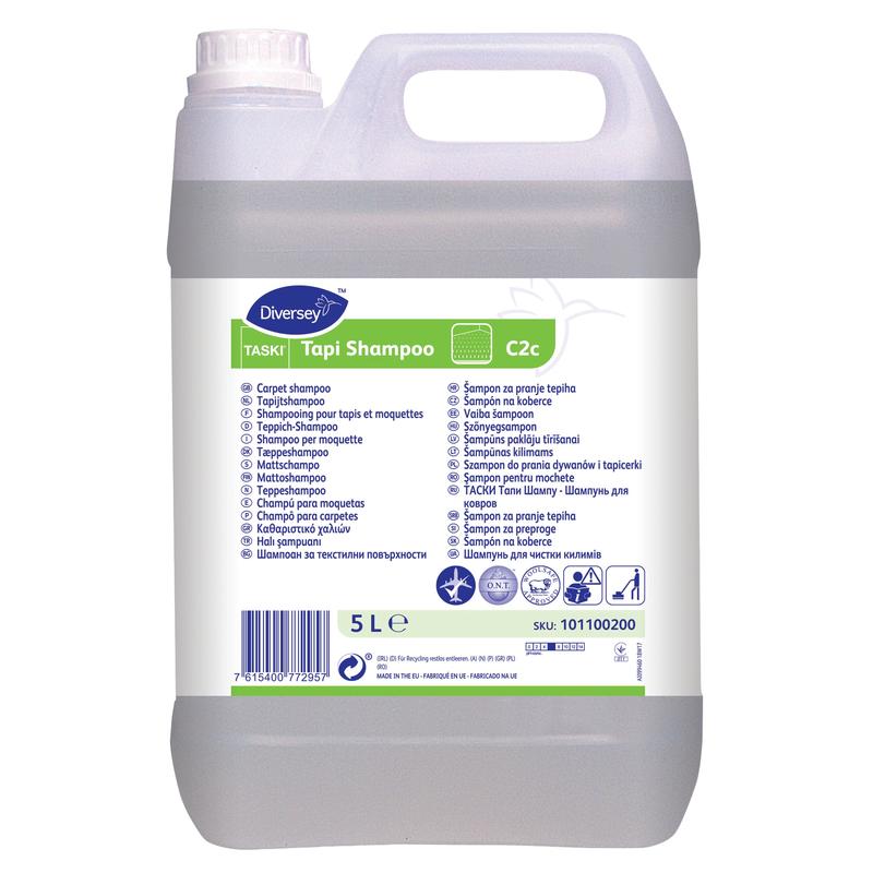 A 5-liter canister of TASKI Tapi Shampoo from Diversey Deutschland GmbH & Co. OHG: neutral carpet shampoo with Woolmark certification and O.N.T. technology for lasting freshness, with white label, handle, and screw cap.