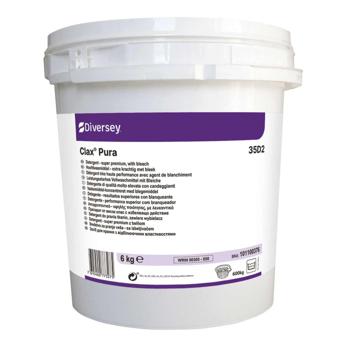 A white 6 kg bucket of Diversey Deutschland Clax Pura 35D2 enzymatic detergent with a handle and lid, featuring a purple and white label with branding, product details, instructions, and multilingual text.