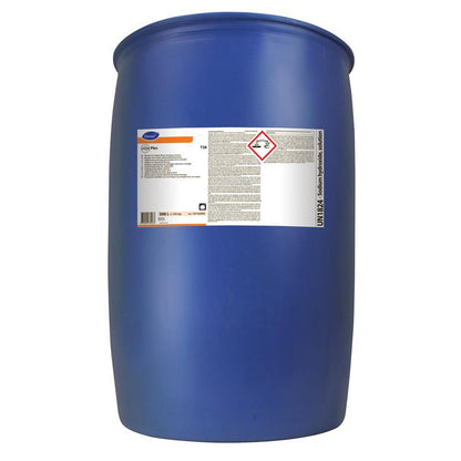 A large blue plastic drum labeled "Diversey Suma Plex T38, water hardness binder" from Diversey Deutschland GmbH & Co. OHG bears hazard symbols, including a warning of corrosive effects, and stands upright against a plain white background.
