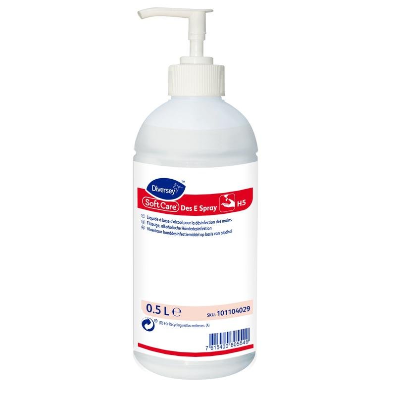 Eine weiße 0,5-Liter-Kunststoffflasche Soft Care Des E Spray H5 von Diversey Deutschland GmbH & Co. OHG, mit Pumpspender und mehrsprachigem Etikett – ideal für effektive Händedesinfektion unterwegs in praktischer Spray-Form.