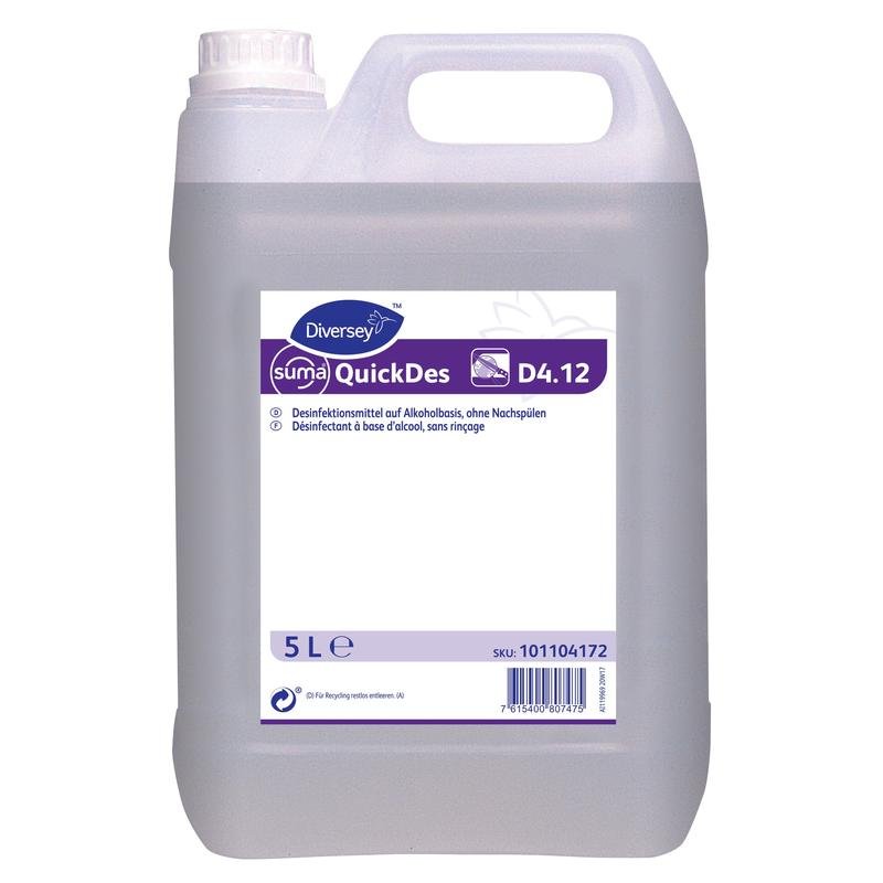 Ein 5-Liter-Kunststoffbehälter mit Diversey Suma QuickDes D4.12 Schnelldesinfektion von Diversey Deutschland GmbH & Co. OHG, mit einem weiß-violetten Etikett mit Produktinformationen, Angaben zum schnellen Desinfektionsmittel und einem Griff oben.