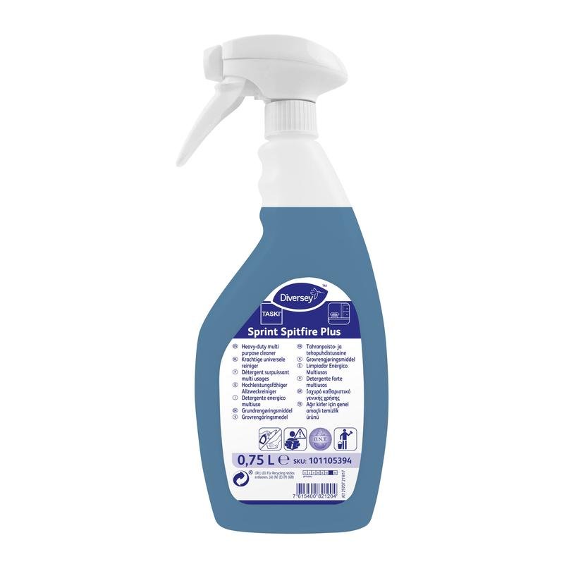 A 750 ml spray bottle of TASKI Sprint Spitfire Plus from Diversey Deutschland GmbH & Co. OHG, a ready-to-use, high-performance alkaline cleaner with multilingual product information on the front label.