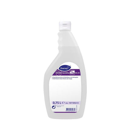 Eine 0,75-Liter-Flasche Suma QuickDes D4.12 Schnelldesinfektion aus weißem Kunststoff von Diversey Deutschland GmbH & Co. OHG mit Klappverschluss und violett-weißem Etikett mit Produktdetails auf der Vorderseite.