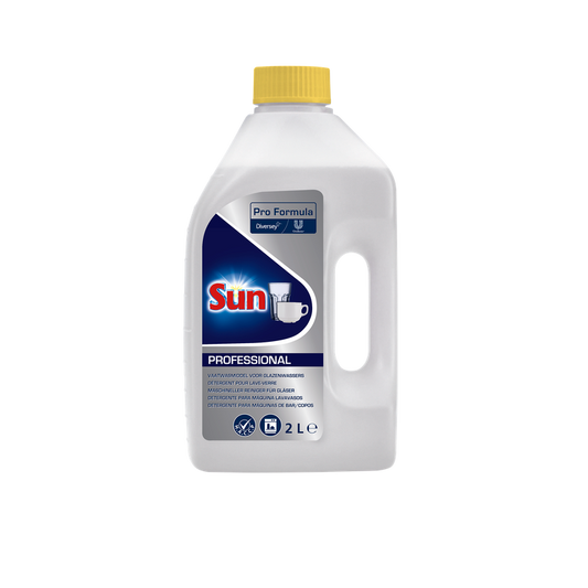 Eine 2-Liter-Kunststoffflasche von SUN Professional maschineller Reiniger für Gläser von Diversey Deutschland GmbH & Co. OHG-ideal für Gläser- und Thekenspülmaschinen, sorgt für strahlend saubere Gläser.
