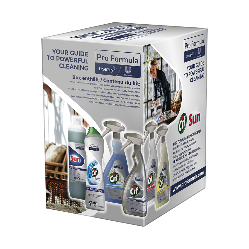 Eine Schachtel mit der Aufschrift "Pro Formula Reinigungsset (6-teilig)" von Diversey Deutschland GmbH & Co. OHG, mit Handspülmittel, Fettlöser, Edelstahl-, Bad-, Glas- & Oberflächenreiniger, sowie Scheuermilch auf der Vorderseite.