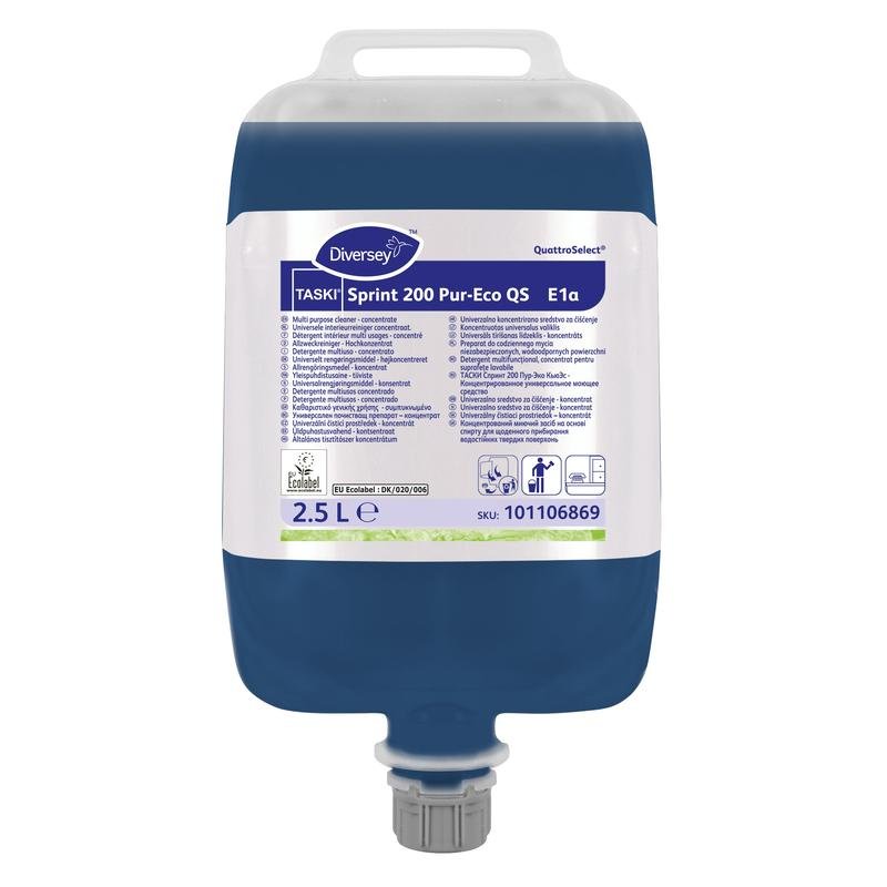 A 2.5-liter container of Diversey TASKI Sprint 200 Pur-Eco, a neutral, streak-free surface cleaner with the EU Ecolabel from Diversey Deutschland GmbH & Co. OHG; blue liquid, multilingual label, gray dosing cap on the bottom.