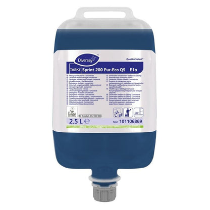 A 2.5-liter container of Diversey TASKI Sprint 200 Pur-Eco, a neutral, streak-free surface cleaner with the EU Ecolabel from Diversey Deutschland GmbH & Co. OHG; blue liquid, multilingual label, gray dosing cap on the bottom.