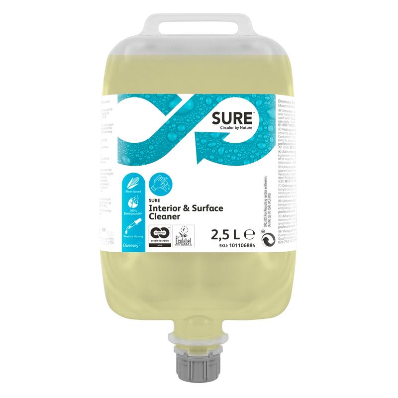 The 2.5-liter container of the SURE Interior & Surface Cleaner All-purpose cleaner from Diversey Deutschland GmbH & Co. OHG features plant-based ingredients, a yellow liquid, eco-certified white-blue labels, as well as a handle and spout for easy use.
