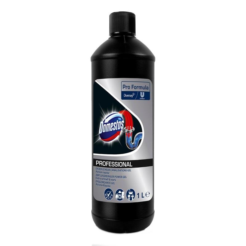 A black 1-liter bottle of DOMESTOS Professional Drain Cleaner Power-Gel by Diversey Deutschland GmbH & Co. OHG with a blue-and-silver label—ideal as a powerful drain cleaner (Rohrfrei) for effectively removing clogs.