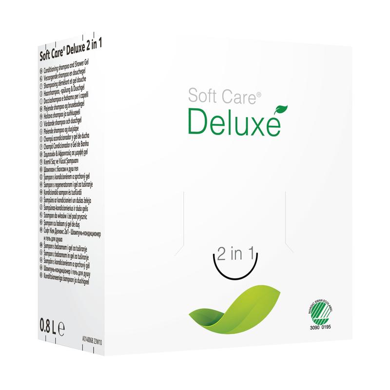 A white box labeled "Soft Care Deluxe 2 in 1, Shower Gel & Shampoo" by Diversey Germany is adorned with a green leaf graphic, a 0.8-liter volume indicator, side instructions, and an environmental label on the front.