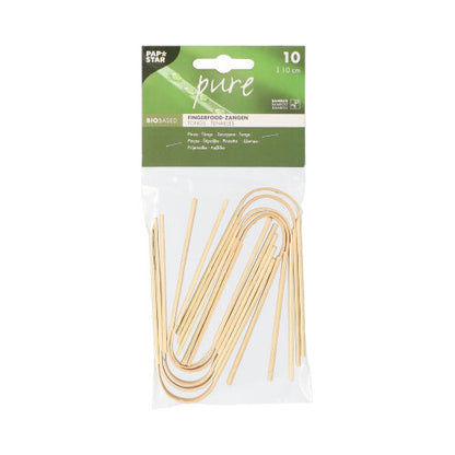 In einer durchsichtigen Kunststoffverpackung befinden sich 10 PAPSTAR Fingerfood-Zangen aus Bambus (10 cm), ideal für Snacks. Auf der Oberseite befindet sich ein grün-weißes Etikett mit der Marke PAPSTAR GmbH und Produktinformationen in mehreren Sprachen - perfekt für Partys.