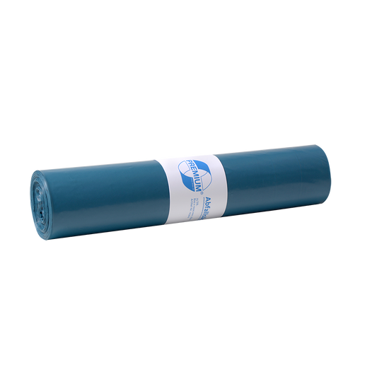 Eine blaue DEISS 10304 Müllsackrolle (800x1000 mm, Typ 60, 25 Stück) der EMIL DEISS KG (GmbH + Co.), mit einem weißen Etikett mit der Aufschrift Tragkraft 60 kg, steht auf einem schlichten weißen Hintergrund.