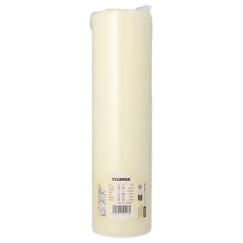 Eine PAPSTAR Stumpenkerze mit Flachkopf Ø 80 mm in Elfenbein von der PAPSTAR GmbH steht aufrecht und verfügt über ein flaches Design, ein Produktetikett in der Nähe der Basis und einen sichtbaren Docht an der Spitze.