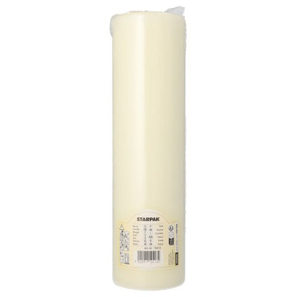 Eine PAPSTAR Stumpenkerze mit Flachkopf Ø 80 mm in Elfenbein von der PAPSTAR GmbH steht aufrecht und verfügt über ein flaches Design, ein Produktetikett in der Nähe der Basis und einen sichtbaren Docht an der Spitze.