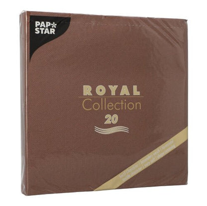 A brown square pack of PAPSTAR 20 napkins "ROYAL Collection" 1/4-fold (40x40 cm) from PAPSTAR GmbH, with golden and white lettering, shrink-wrapped in clear plastic - ideal for table decoration.