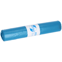 A blue roll of DEISS ECOFINE® trash bags 13900 (120L, recycled LDPE/LLDPE) from EMIL DEISS KG (GmbH + Co.) with a white label featuring text and a logo on a white background—ideal for environmentally friendly disposal.