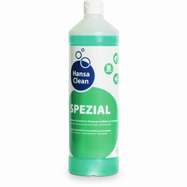 Eine 1L-Flasche Dr. Schumacher HANSA CLEAN SPEZIAL der Dr. Schumacher GmbH mit weißem Verschluss, grüner Flüssigkeit und einem weiß-grünen Etikett mit blauen Akzenten unterstreicht die Kraft gegen hartnäckigen Schmutz.