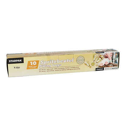 The Starpak 10 piping bag set contains ten transparent piping bags (1.8 l, 46 x 23 cm) with three nozzles in a folding box. Ideal for cakes, baking decorations, or the kitchen. The packaging includes German and English texts as well as product images.