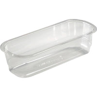 Die APET-Schale Transparent 260x110x68 mm von Duni GmbH, ideal für Lebensmittel, ist ein klarer rechteckiger Lebensmittelbehälter mit leicht abgerundeten Ecken und flachem Boden, leer auf weißem Hintergrund dargestellt. Packung: 350 Stück.