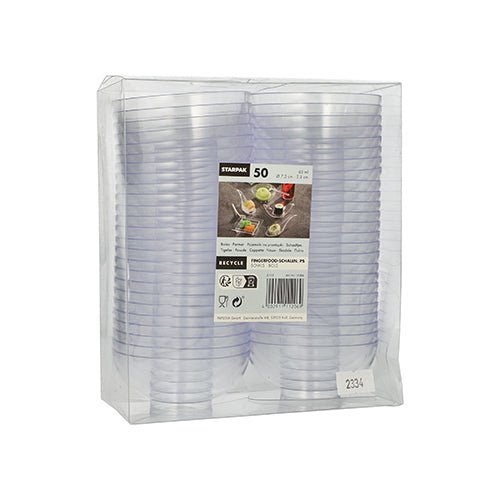 Das Starpak 50 Fingerfood-Schalen-Set beinhaltet transparente Einwegbecher aus PS in einer durchsichtigen Kunststoffverpackung mit einem Etikett mit der Marke, dem Recyclingsymbol sowie Bildern von Getränken und Snacks – ideal für Veranstaltungen.