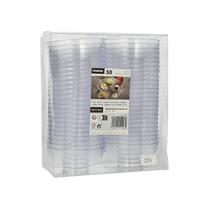 Das Starpak 50 Fingerfood-Schalen-Set beinhaltet transparente Einwegbecher aus PS in einer durchsichtigen Kunststoffverpackung mit einem Etikett mit der Marke, dem Recyclingsymbol sowie Bildern von Getränken und Snacks – ideal für Veranstaltungen.