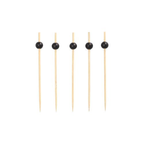 Five PAPSTAR 250 Finger Food - Pickers of the PAPSTAR GmbH: Eco-friendly wooden skewers with black beads at the top are arranged vertically in a row against a plain white background.