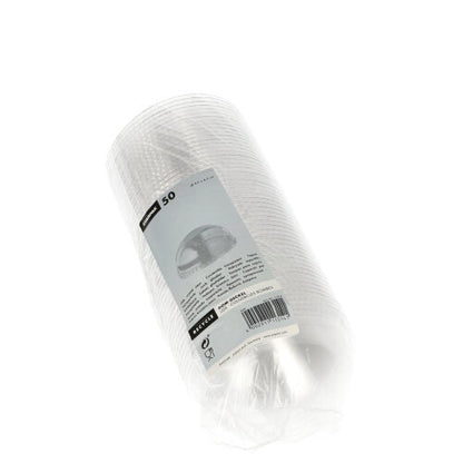 Eine versiegelte Plastikverpackung enthält 50 runde, durchsichtige Starpak „Hurricane“-PET-Deckel (ohne Loch), Ø 9,5 cm x 4,5 cm, mit einem weiß-grauen Etikett mit Produktdetails.