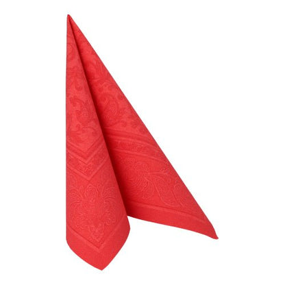 A red PAPSTAR GmbH "ROYAL Collection" 1/4-fold napkin (40 x 40 cm) stands upright in a triangle and shows a subtle, embossed floral and paisley pattern - ideal as a table decoration or with the PAPSTAR napkins.