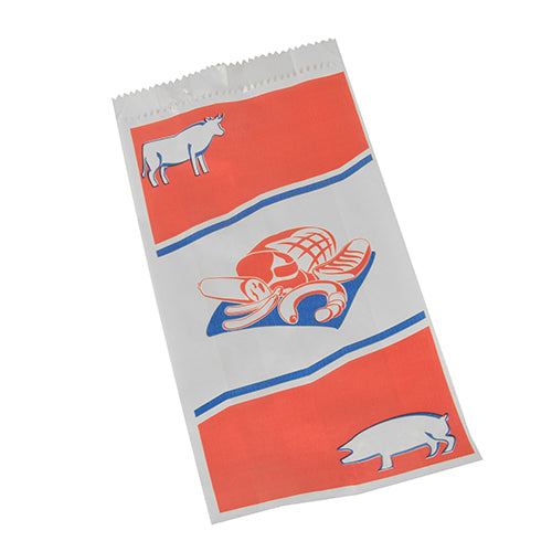 The PAPSTAR GmbH kraft paper butcher bags (28x14x6 cm, white with print, shrink-wrapped, 1000 pieces) are ideal for butcher shops - robust meat bags with printed animal and meat motifs for professional use.