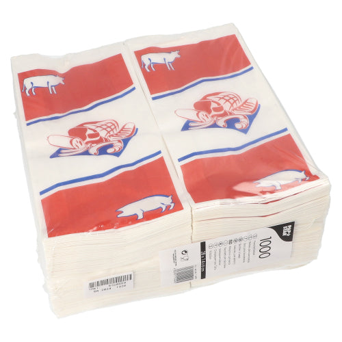A pack of 1,000 PAPSTAR GmbH butcher bags made of kraft paper (28x14x6 cm), white with print motif, bundled and shrink-wrapped - ideal as butcher shop bags.
