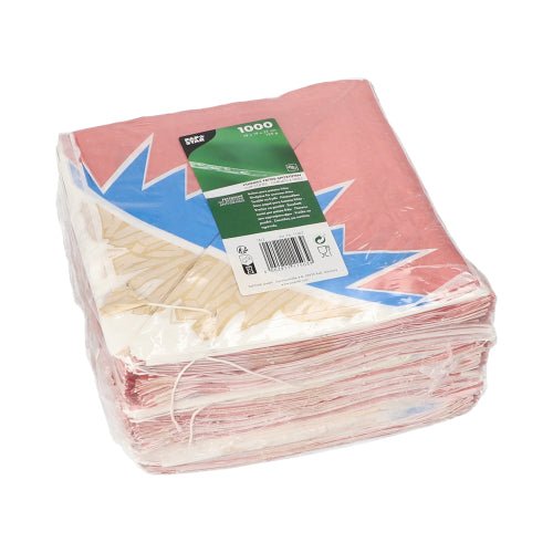 In a sealed plastic package from PAPSTAR GmbH, there are 1,000 "Zick-Zack" French fry cones made from parchment substitute with colorful design and a green product label on top.