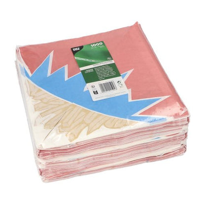 A stack of red-blue-white PAPSTAR 1000 French fry cones in zigzag form (parchment substitute) is wrapped in clear film and labeled with a green tag from PAPSTAR GmbH.