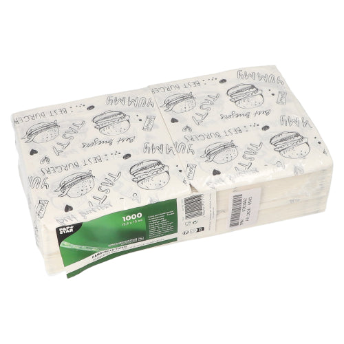 The 1000 hamburger bags from PAPSTAR GmbH are greaseproof paper bags, ideal as a parchment substitute for burgers or snacks, with newspaper-like decor and packed in clear plastic with a green-white label.