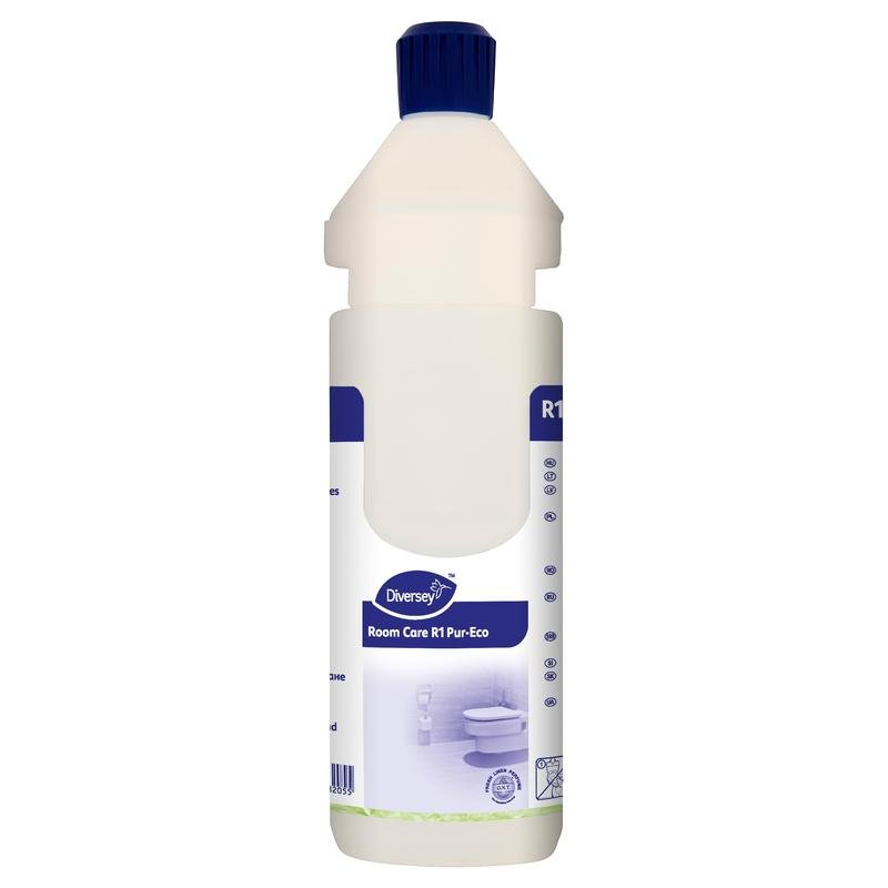 A white, empty Room Care R1 Plus plastic bottle from Diversey Deutschland GmbH & Co. OHG, with a blue cap and a blue-and-white label featuring text and symbols.