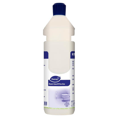 A white, empty Room Care R1 Plus plastic bottle from Diversey Deutschland GmbH & Co. OHG, with a blue cap and a blue-and-white label featuring text and symbols.