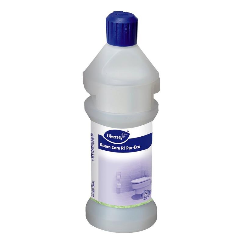 An empty plastic Room Care R1 Plus bottle from Diversey Deutschland GmbH & Co. OHG has a blue cap and a blue-and-white label featuring an illustration of a bathroom and product information.