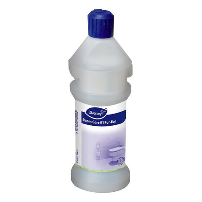 An empty plastic Room Care R1 Plus bottle from Diversey Deutschland GmbH & Co. OHG has a blue cap and a blue-and-white label featuring an illustration of a bathroom and product information.